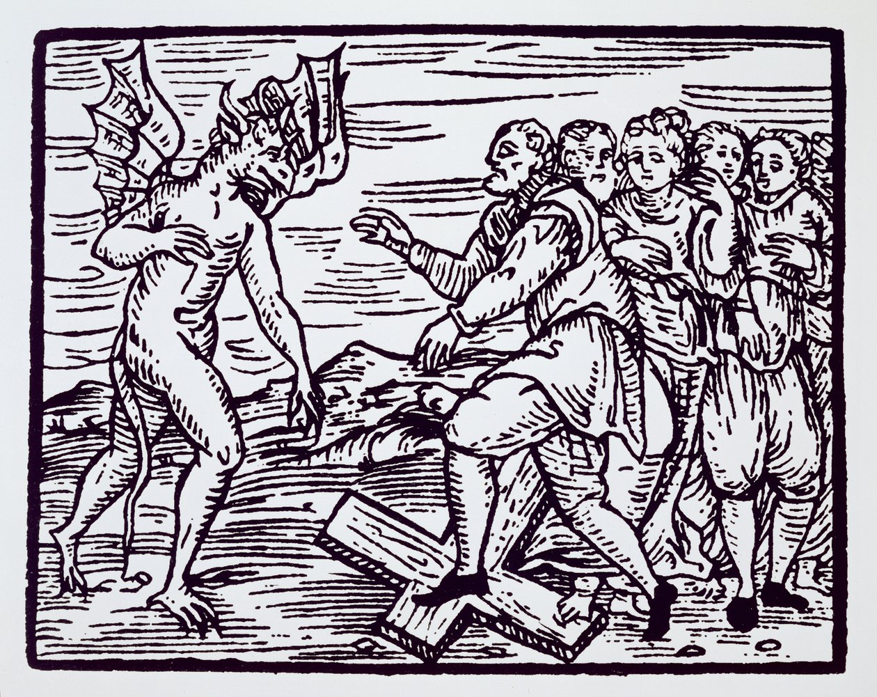Muž čarodějnice zříkající se Krista, kopie ilustrace z Compendium Maleticarum od P. M. Guaccius, Milán 1608, použitá v Dějinách magie, vydaných koncem 19. století od Italian School