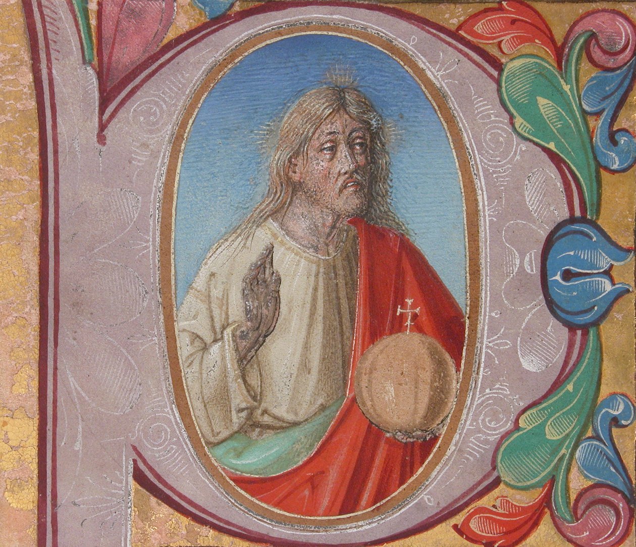 Iluminace rukopisu se Salvatorem Mundim v iniciále P, ze sborové knihy (tempera, inkoust a zlato na pergamenu) od Italian School