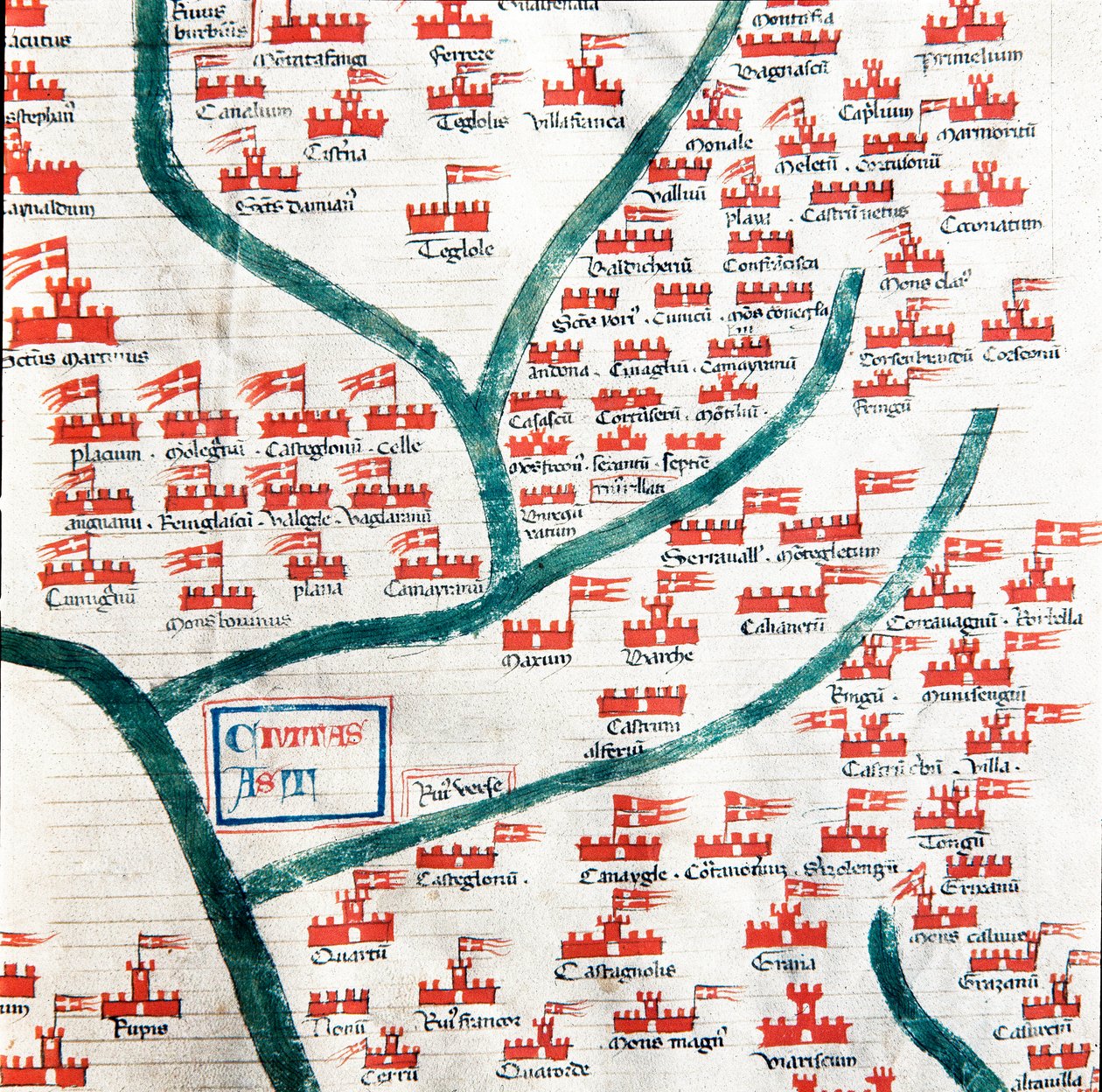 Mapa znázorňující obce patřící městu Asti ve 13. století Miniatura převzatá z „“ Codex Astensis“ (nebo Malabayla), kronik o městě Asti mezi lety 1065 a 1353. 14. století. Zachovat ve starostovi Asti od Italian School
