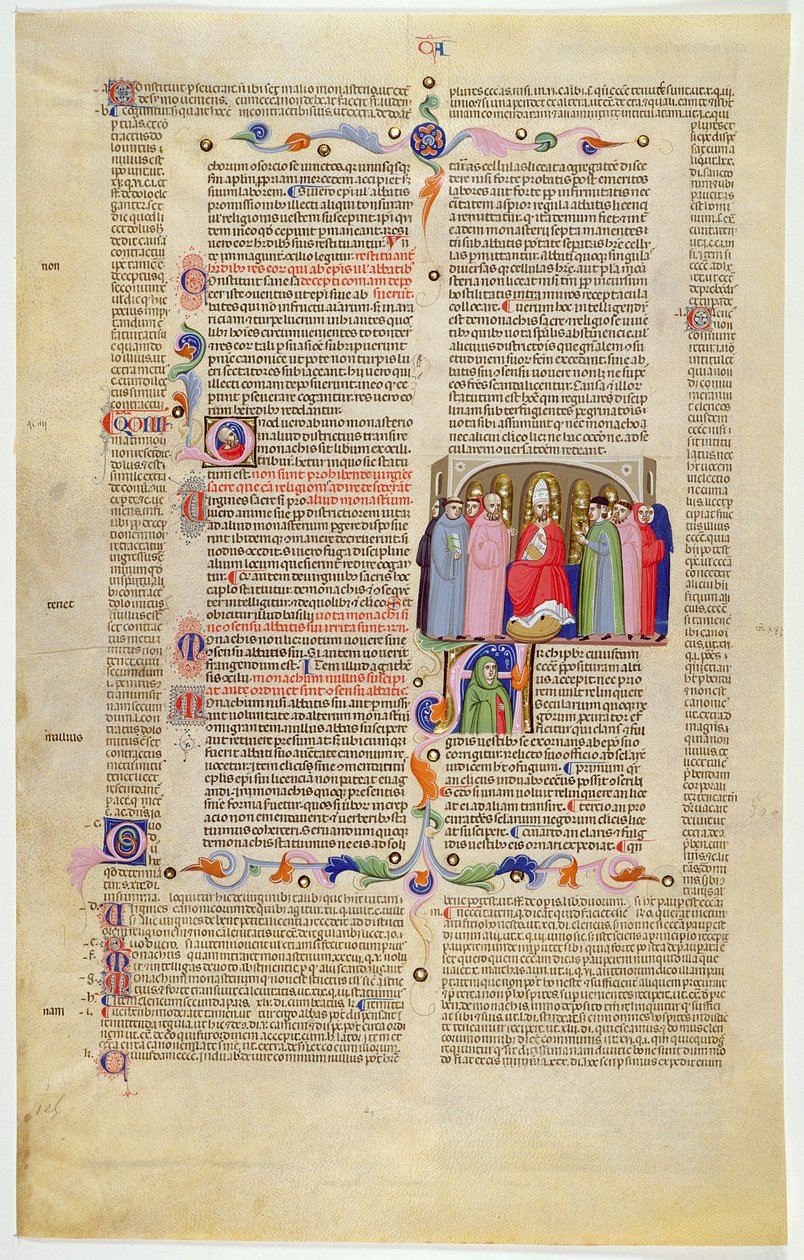 Marlay Cutting IT.10: List s miniaturou z Gratians Decretum zobrazující arcibiskupa trůnícího mezi kleriky a světskými od Italian School