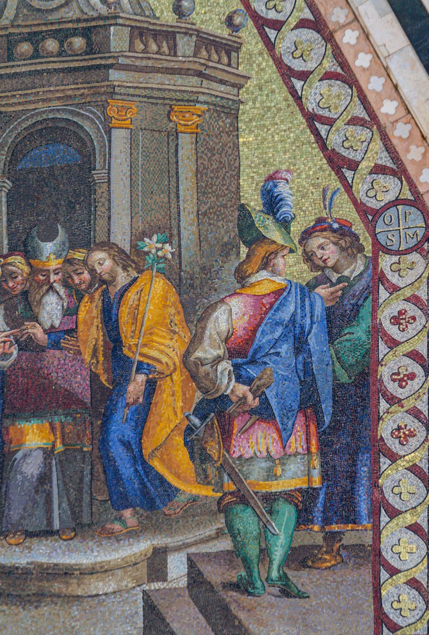 Sňatek Panny Marie, mozaika, horní vrchol v průčelí katedrály Orvieto, Umbrie, Itálie od Italian School