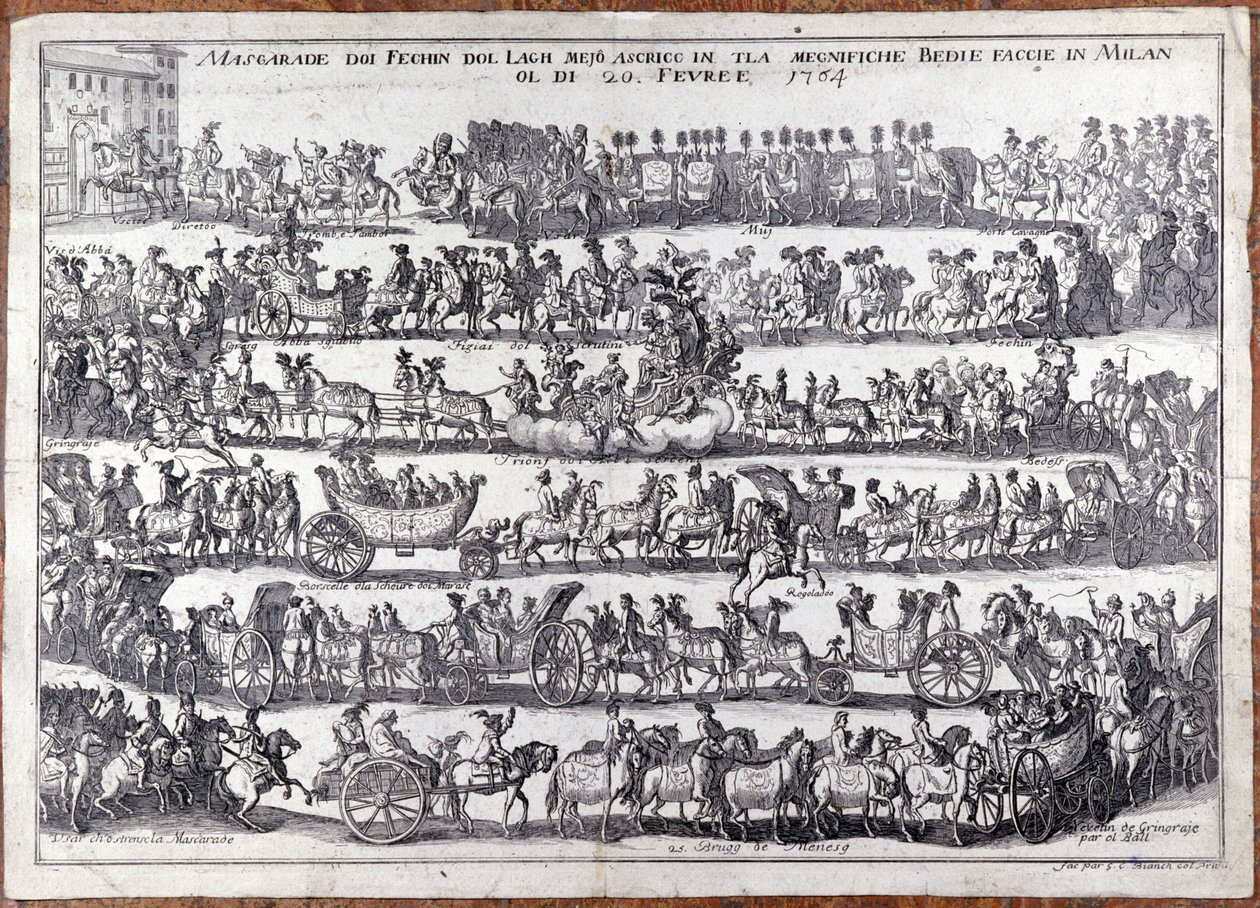 Maškaráda: průvod a tanec masek lidí u příležitosti masopustu. Milan 20.2.1764 Rytina 18. stol od Italian School