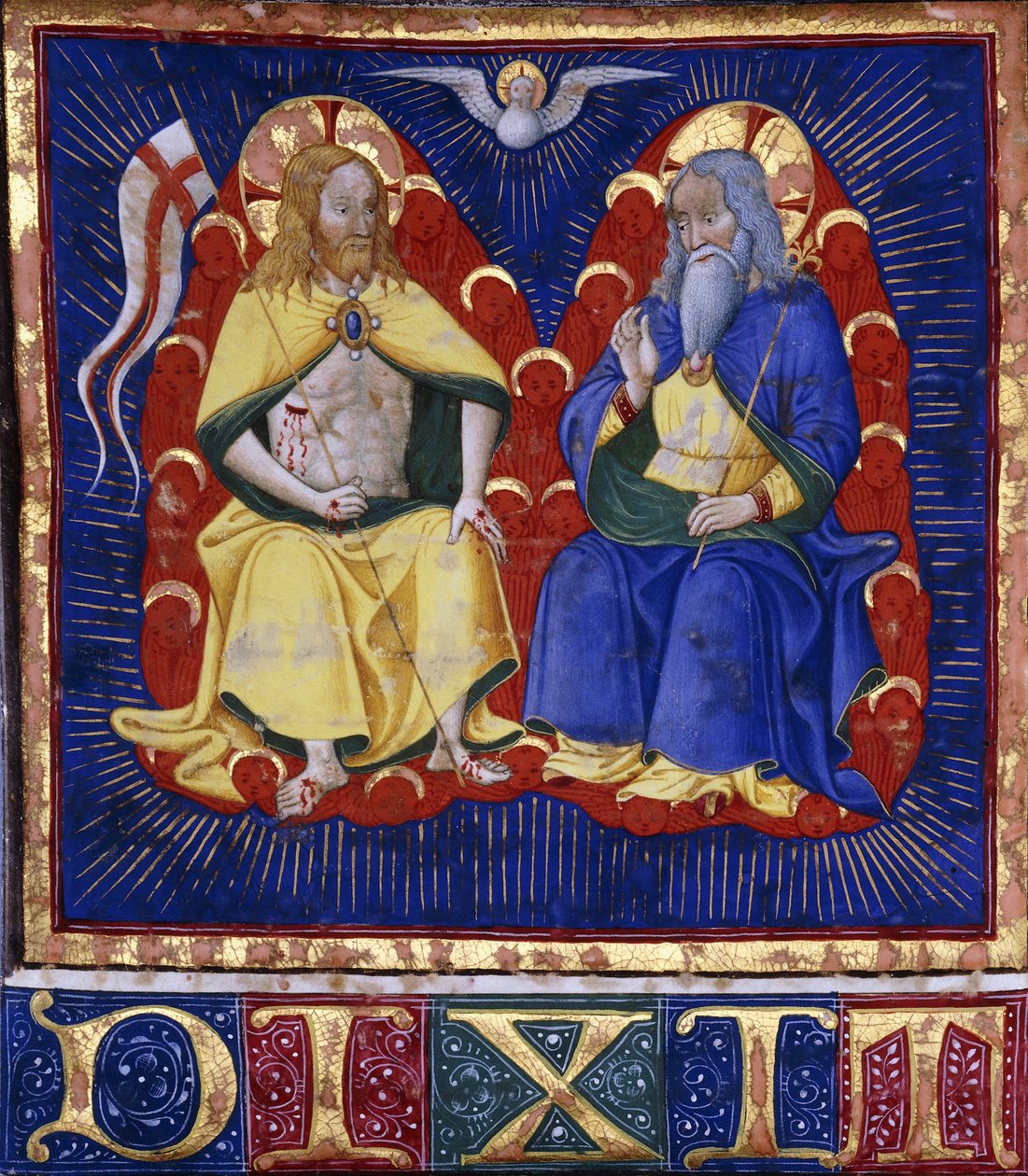 Master of the Vitae Imperatorum: The Trinity, miniatura z iluminovaného sborníku na pergamenu, kolem 1440 (malba a leštěné zlato na pergamenu) od Italian School