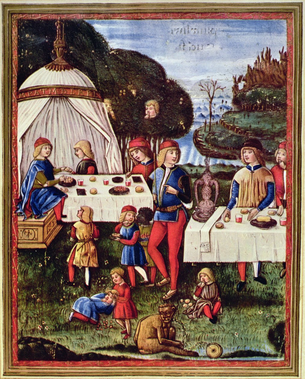 Maximilian Sforza jako dítě při jídle na zahradě, ilustrace z kopie ‚Ars grammatica‘ (velum) od Italian School