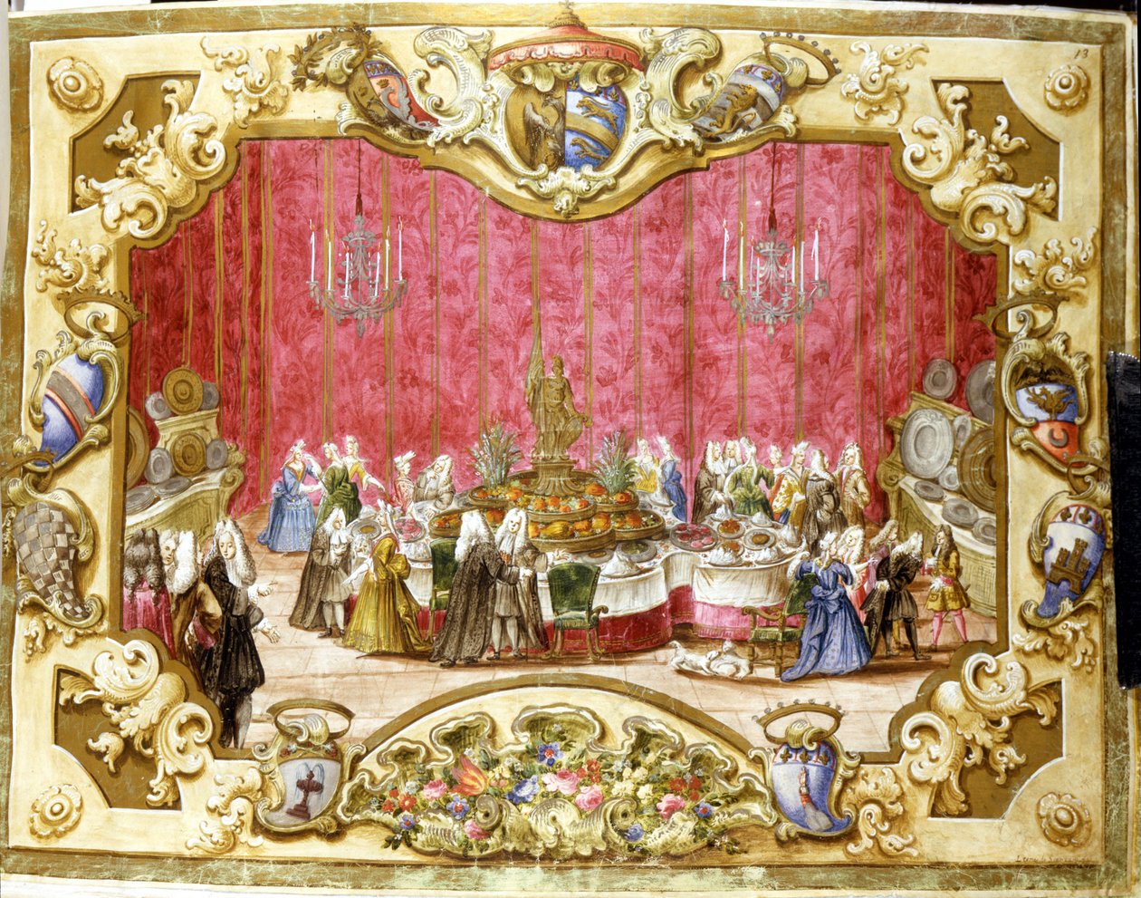 Jídlo podávané na počest gonfaloniera Zambeccariho za nasazení soudnictví. 1720. Bologna, Archivio di stato. od Italian School