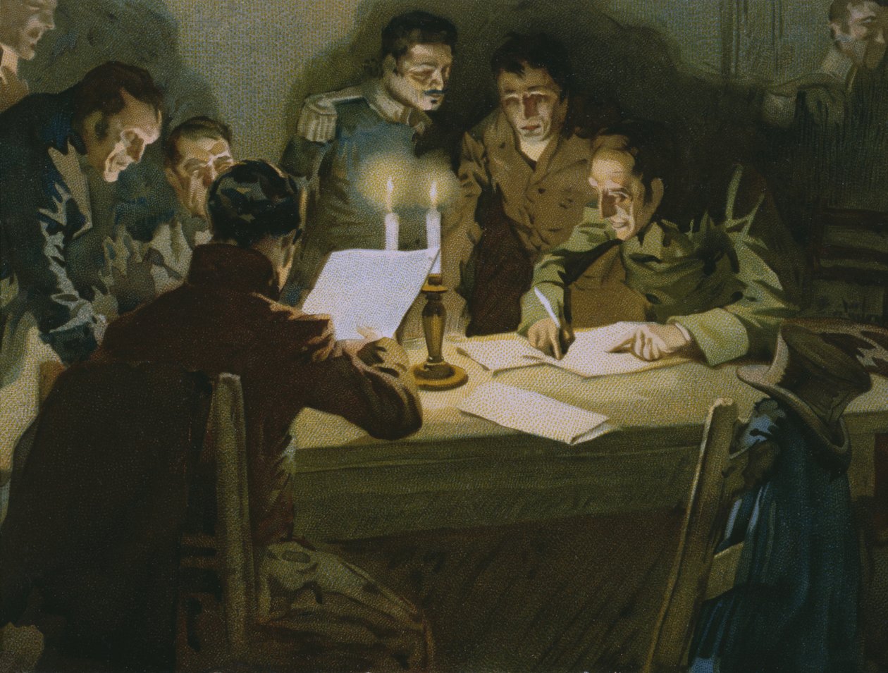 Setkání prvních partyzánů vzdorujících okupantům, zrození Carbonari, ilustrace z alba o historii Risorgimenta vyrobeného pro čokoládový Talmone, konec 19. století (chromolitho od Italian School