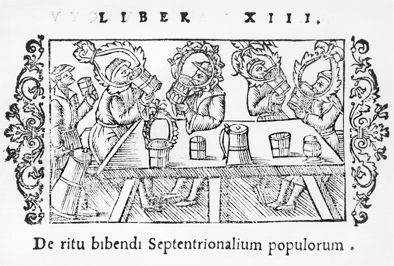 Muži pijí, ilustrace z Historie severních národů od Olause Magnuse (1490-1558), vydaná v Římě, 1555 od Italian School