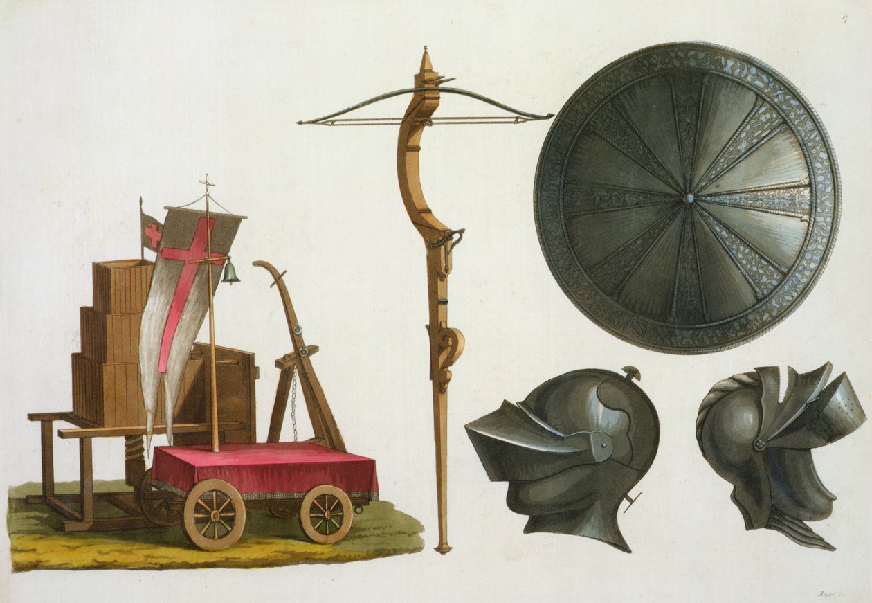 Milánský vůz, kuše a brnění, deska 17 z Le Costume Ancien et Moderne, Jules Ferrario, vydáno kolem 20.–30. od Italian School