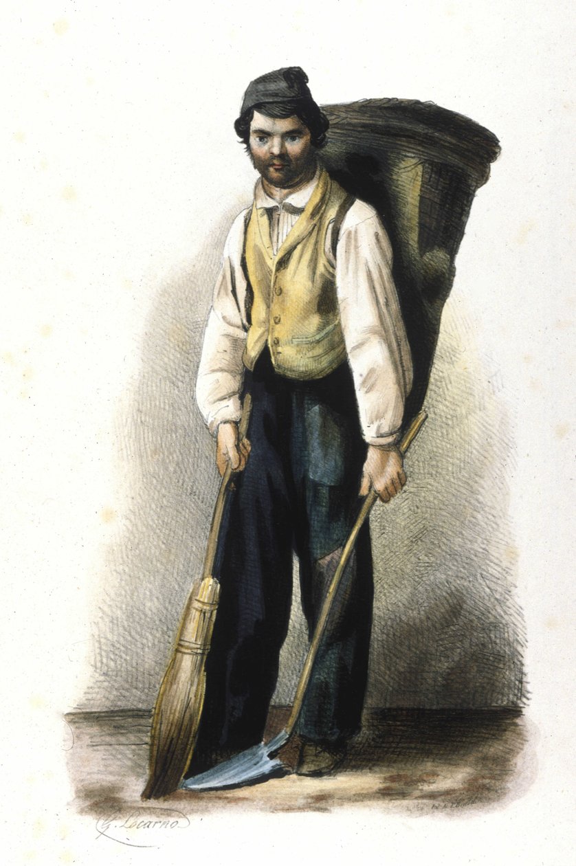 Milánský metier: metař ulic. 1830 Locarno rytina. od Italian School