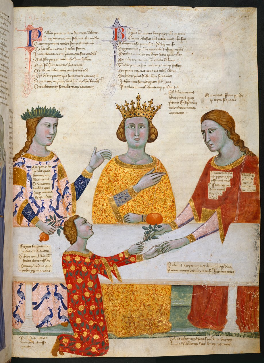 Miniatura soudu v Paříži, s Pallas Athénou, Juno a Venuší sedí u stolu a Paris dává olivovou ratolest Venuši, ilustrace z „Adresa veršů Robertovi z Anjou, králi Neapole, z města Prato v Toskánsku („Regia Car od Italian School