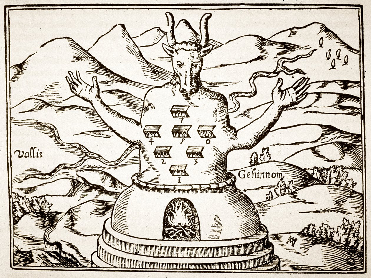 Moloch, kopie ilustrace z Oidipus Aegyptiacus od Athanasia Kirchnera, Řím 1652, použitá v Dějinách magie, publikovaných koncem 19. od Italian School