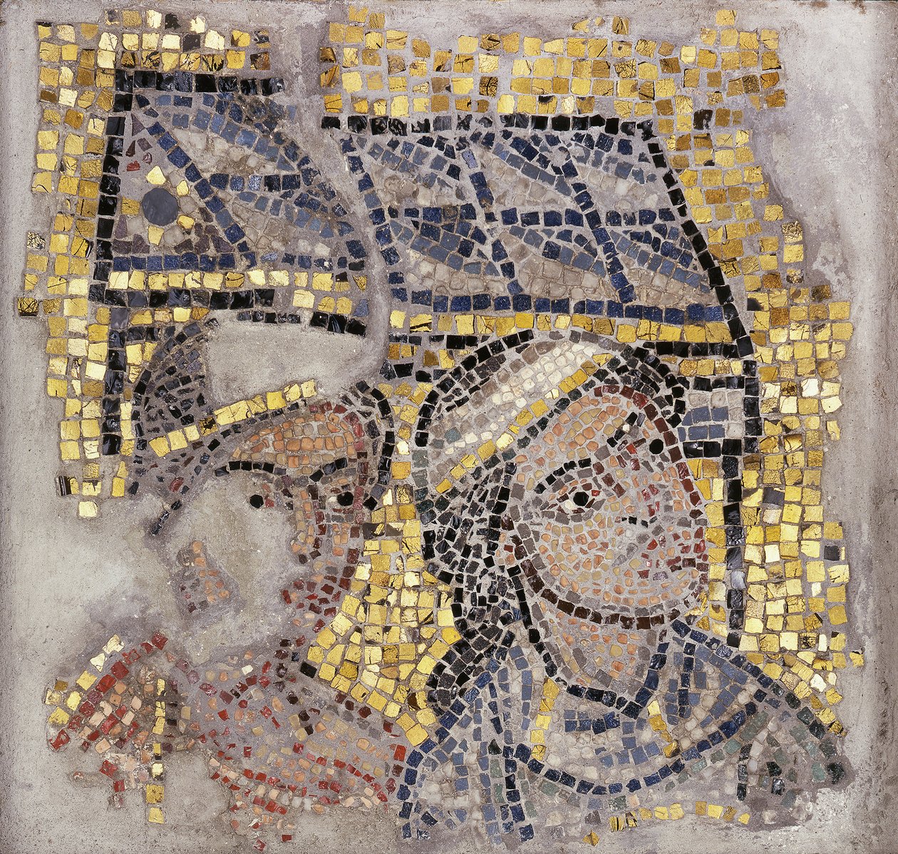 Mozaikový panel se dvěma hlavami a budovou v pozadí, c.1213 (mozaika) od Italian School