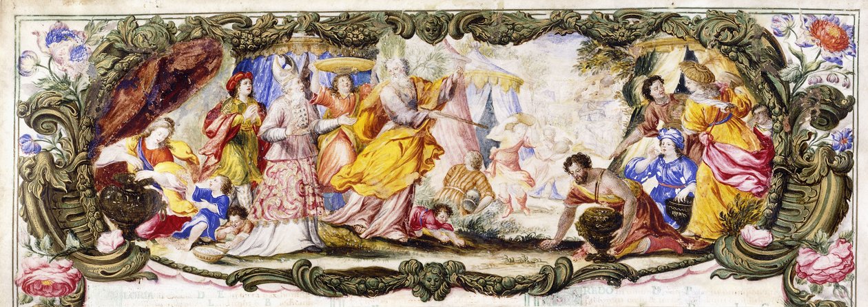 Mojžíš, Áron a děti Izraele na poušti shromažďují Mannu, kolem 1600–1630 od Italian School
