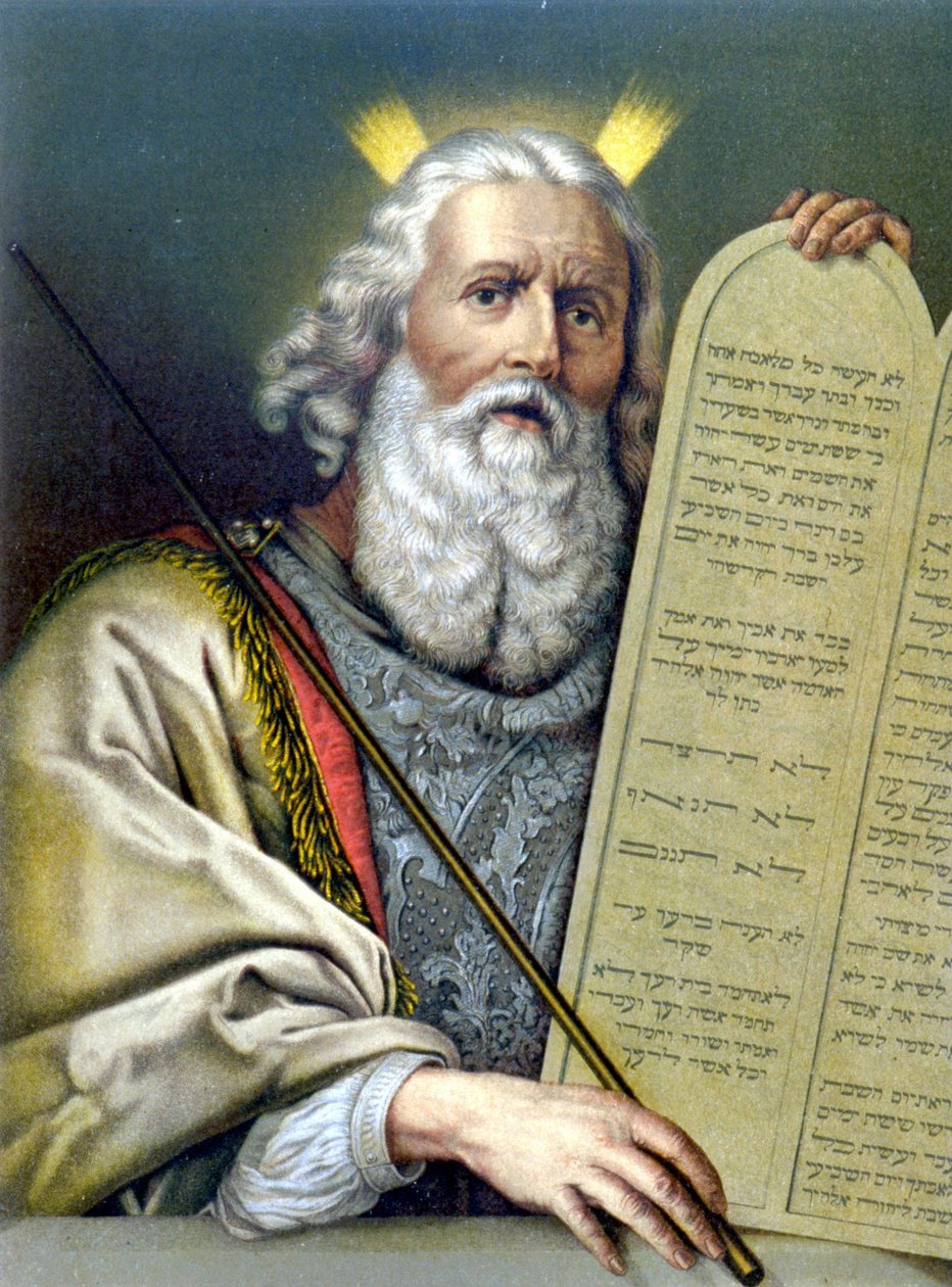 Mojžíš držící stůl zákona – v „Zlatá klasická Bible: Historie Božího zjevení ve starověku a v novém úsilí“ “ od Giovanniho Ladislao Sykory (sv. 1), přeložil Don Clemente Benetti. (italská bible) od Italian School