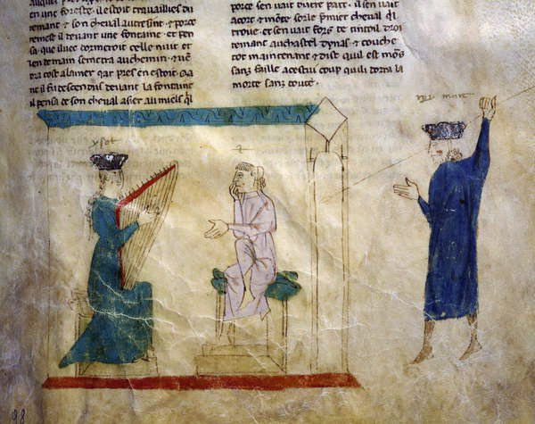 Ms.EST.59 fol.98r Dcera krále Faramonta se pokouší svést Tristana, z Příběhu Tristana od Italian School