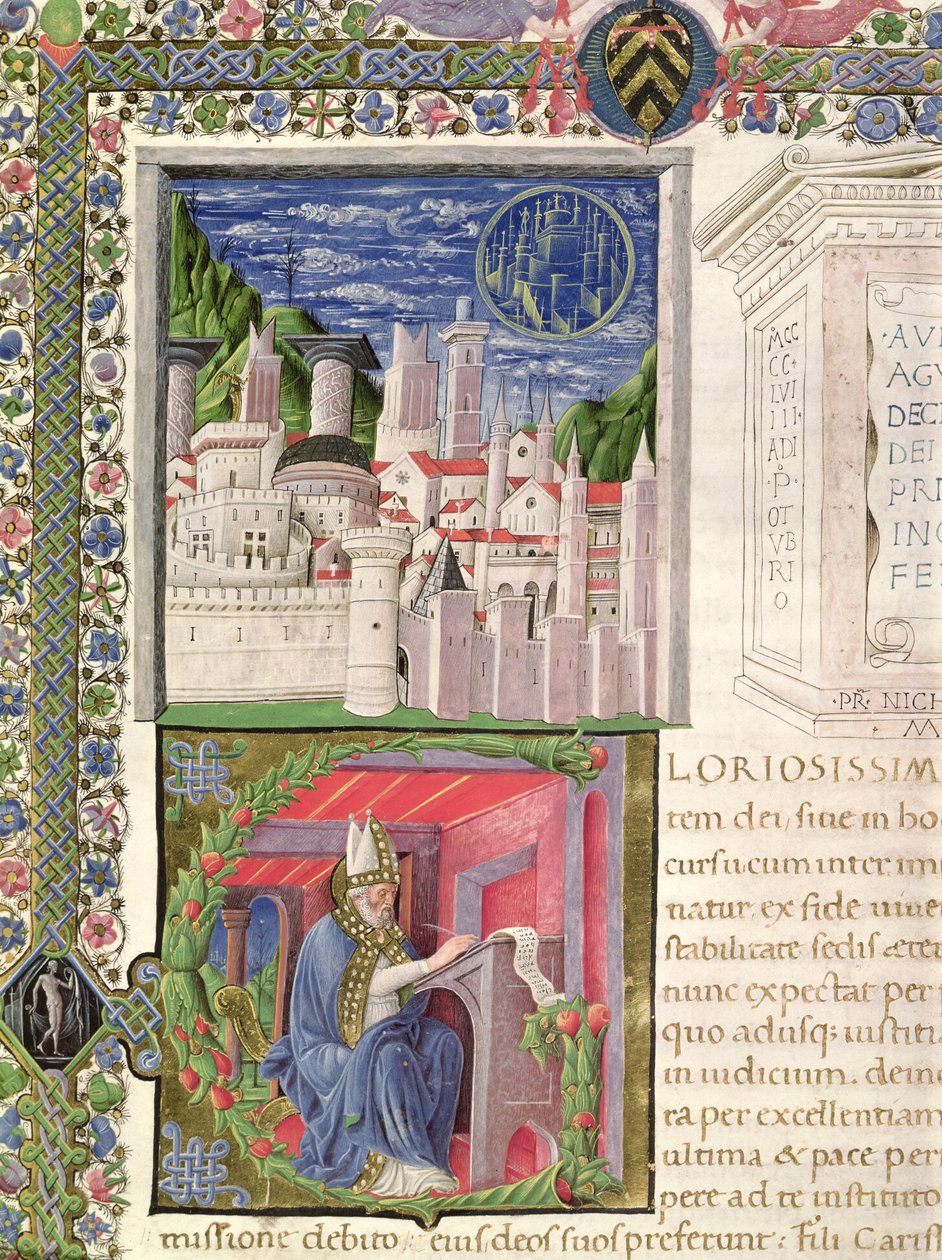 Ms 218 f.2r Pohled na Řím jako město Boží a písmo sv. Augustina z „De Civitate Dei“ od sv. Augustina z Hrocha (354-430) 1459 (vellum) od Italian School