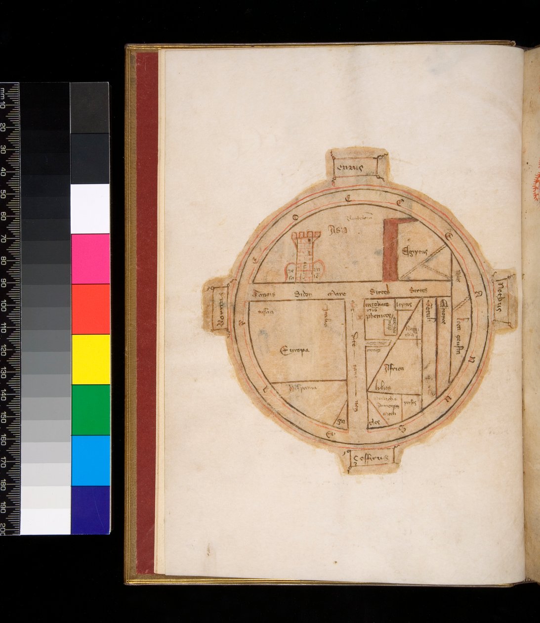 Ms 315. Horác, Ars Poetica a Epistulae, f.1v. T-O Mapa světa s věží představující Jeruzalém od Italian School
