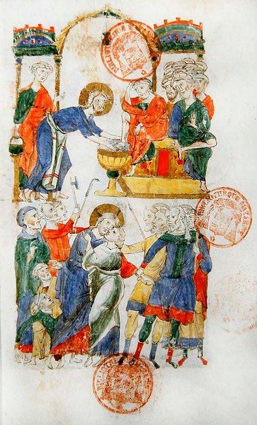 Ms 364 Ježíš myje nohy učedníkům při Poslední večeři a Jidášově polibku z Breviáře Monte Cassino (vellum) od Italian School