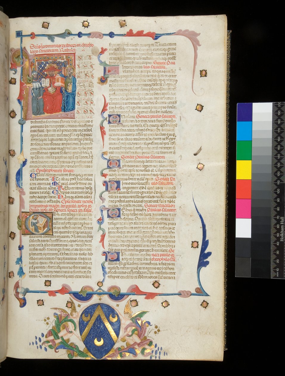 Ms 390. Seneca mladší, Opera a Seneca starší, Excerpta controversiarum, f.1r. Stránka incipitu s historickou iniciálou [L] s bydlištěm Jerome, St Paul a Seneca, Veneto od Italian School