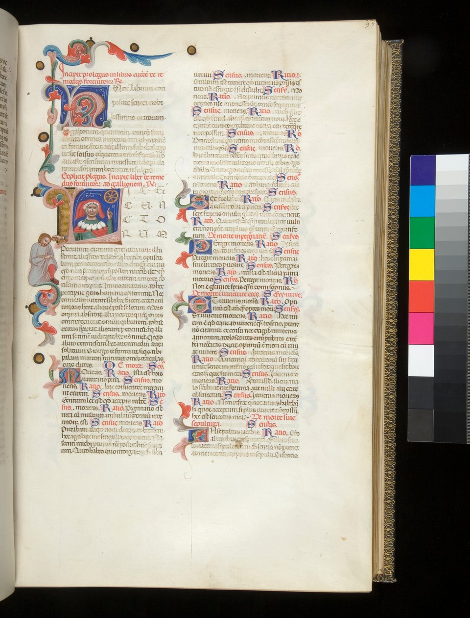Ms 390. Seneca mladší, Opera a Seneca starší, Excerpta controversiarum, f.95r. Obydlená iniciála [L] s portrétem Senecy ukazujícím na Kolo štěstí a na sklopenou mužskou postavu na hranici od Italian School