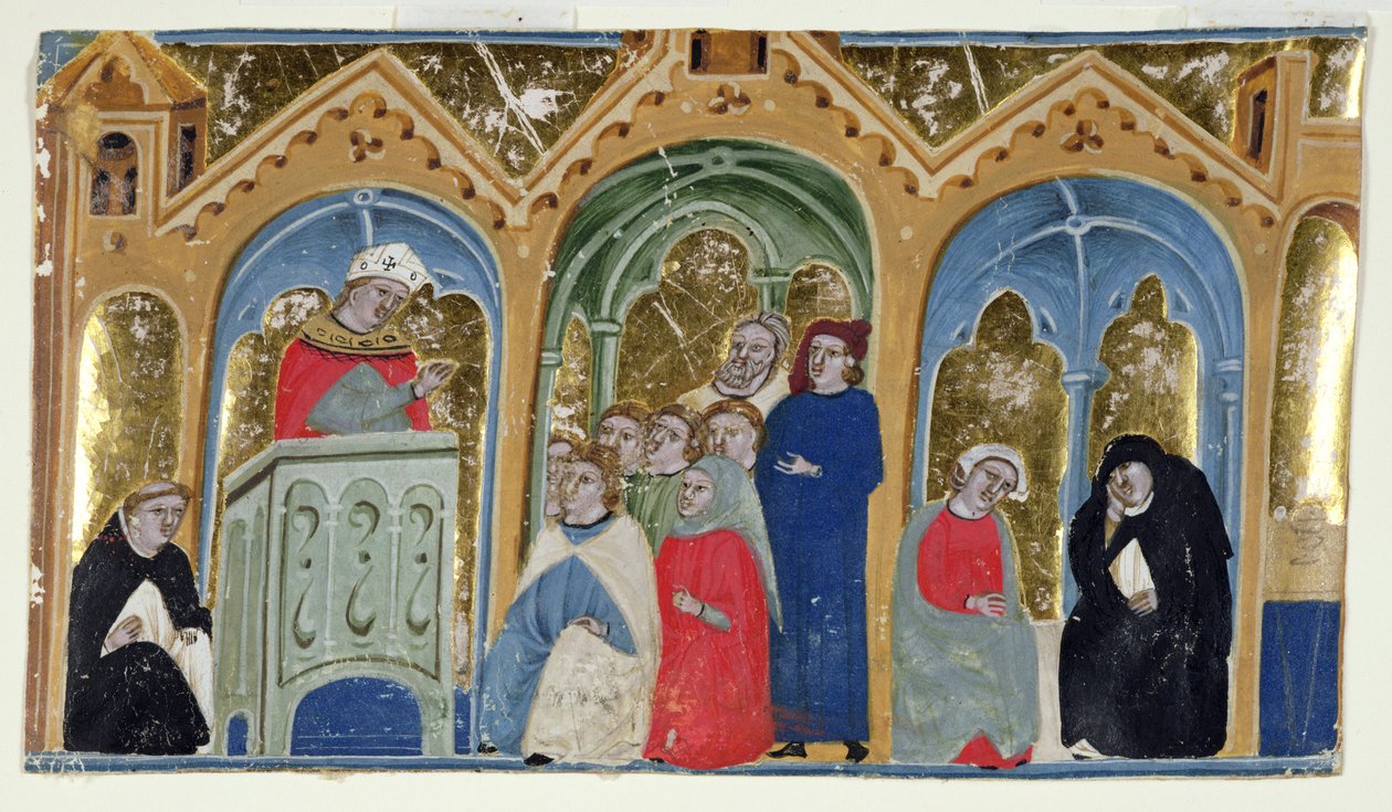 Ms. 400-2000: Miniatura z Gratians Decretum zobrazující biskupa, jak káže kongregaci, c.1325-30 od Italian School