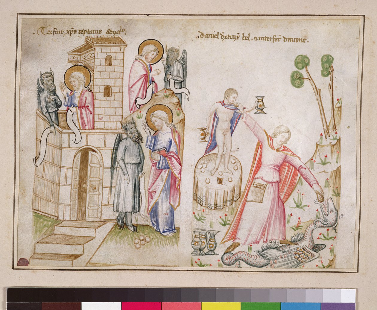 Paní 43-1950 (5v) Christs Temptation, Daniel ničící Bel, ze Speculum Humanae Salvationis od Italian School