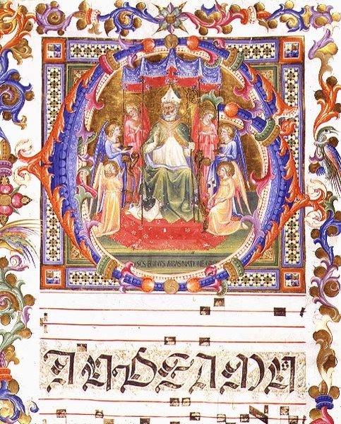Ms 557 f.35v Historická iniciála „O“ zobrazující Aegidius (sv. Jiljí) (d.c.700) trůnící obklopený anděly, z „Messale di Sant