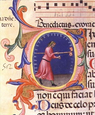 Ms 559 f.113v Historická iniciála „O“ znázorňující svatého Josefa držícího tyč se dvěma prapory zdobenými holubicemi, ze žaltáře Santa Maria Novella, osvětleného Paolo Soldini (fl.1342-86) 1379 (vellum) od Italian School