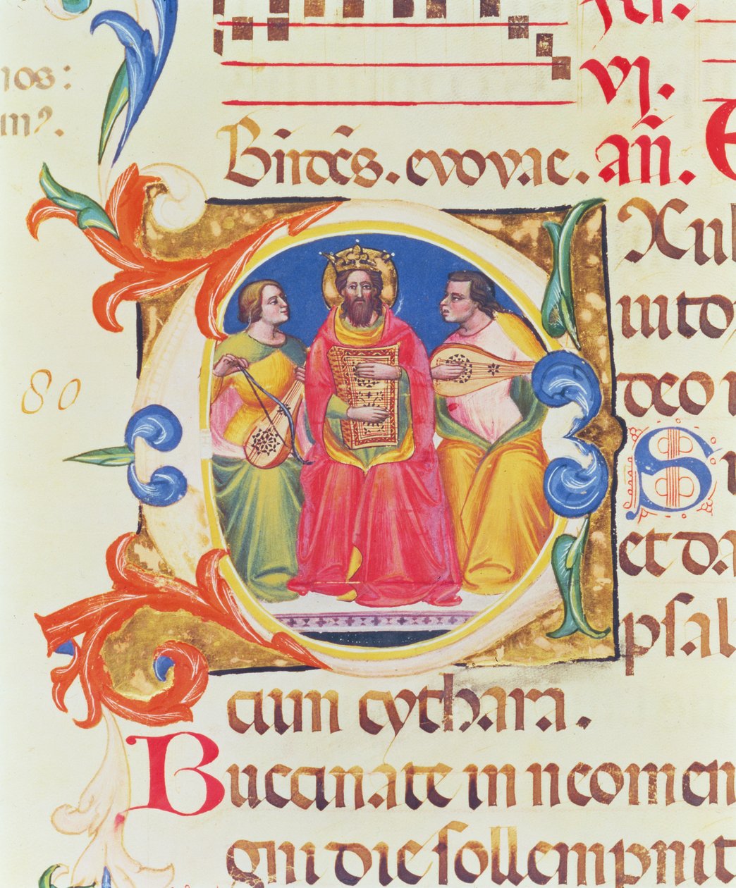 Ms. 559 f.155v Historizovaná iniciála O s vyobrazením krále Davida a dvou andělů, ze žaltáře Santa Maria Novella, iluminoval Paolo Soldini (fl.1342-86) 1379 od Italian School
