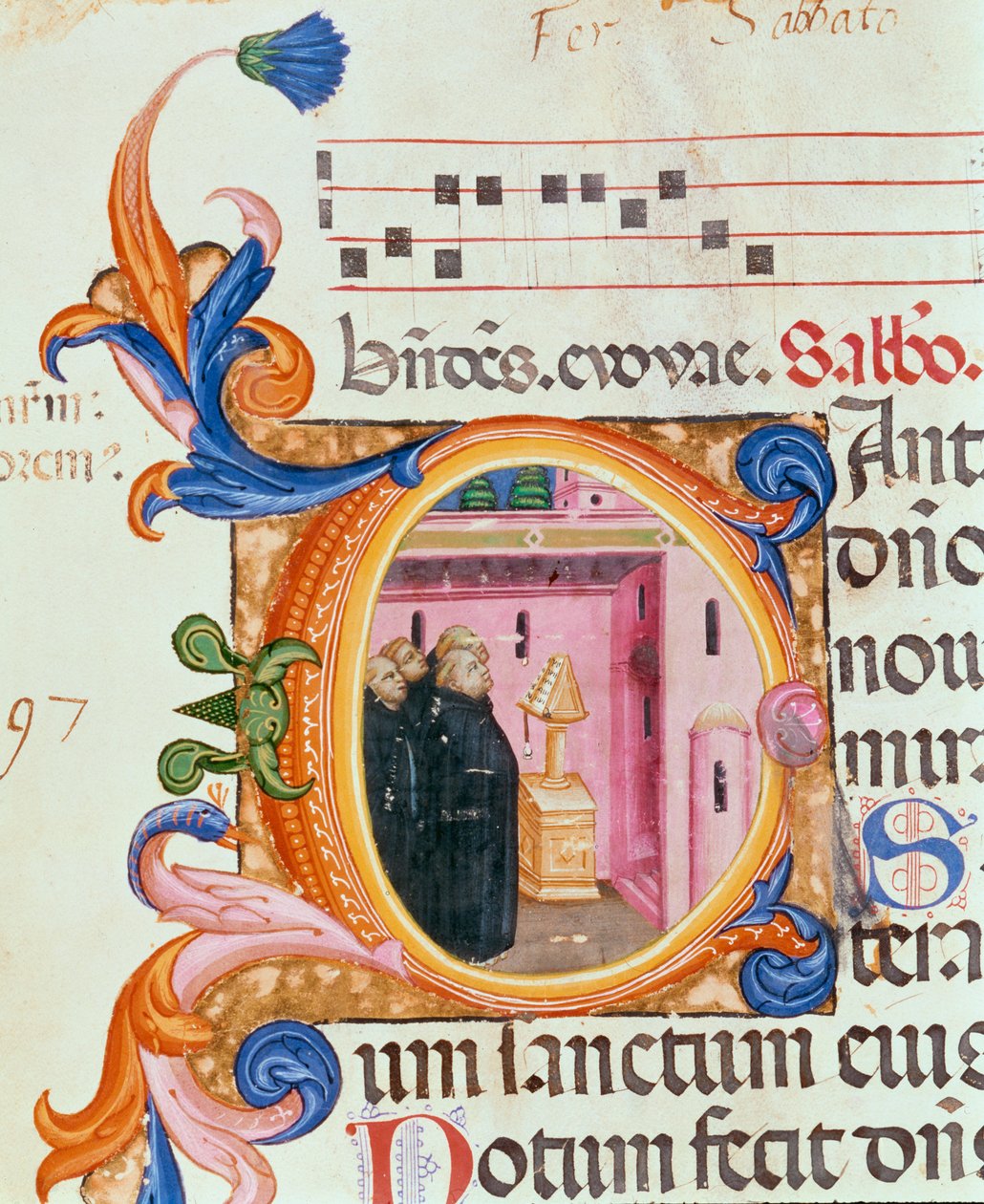 Ms 559 f.176f Historická iniciála C zobrazující mnichy při pohledu na text ze žaltáře Santa Maria Novella, osvětleného Paolem Soldinim (fl.1342-86) 1379 od Italian School