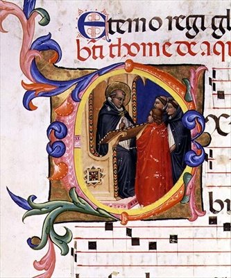 Ms 559 f.285v Historizovaná iniciála "O" zobrazující mnicha u řečnického pultu, který rozmlouvá s dalšími mnichy, z žaltáře Santa Maria Novella, iluminoval Paolo SOldini (fl.1342-86) 1379 (pergamen) od Italian School
