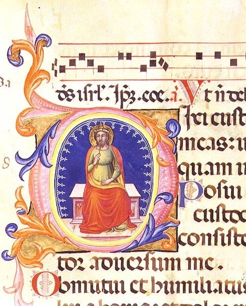 Ms 559 f.38v Historická iniciála „O“ zobrazující sv. Matouše, ze žaltáře Santa Maria Novella, osvětlena Paolem Soldinim (fl.1342-86) od Italian School