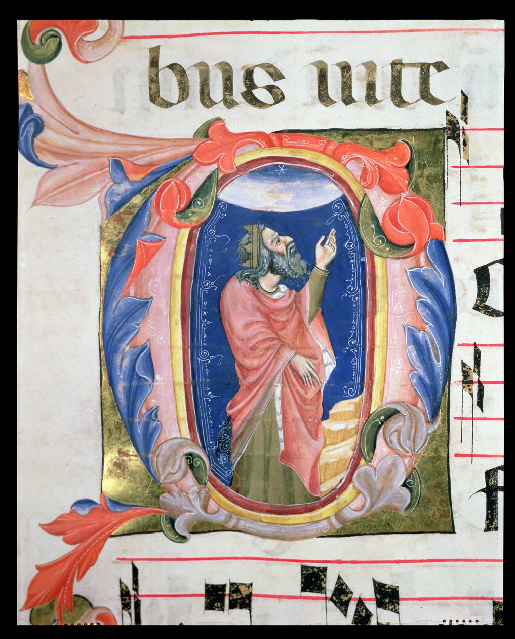 Ms 570 f.105r Historická iniciála D zobrazující krále Davida v modlitbě od Italian School
