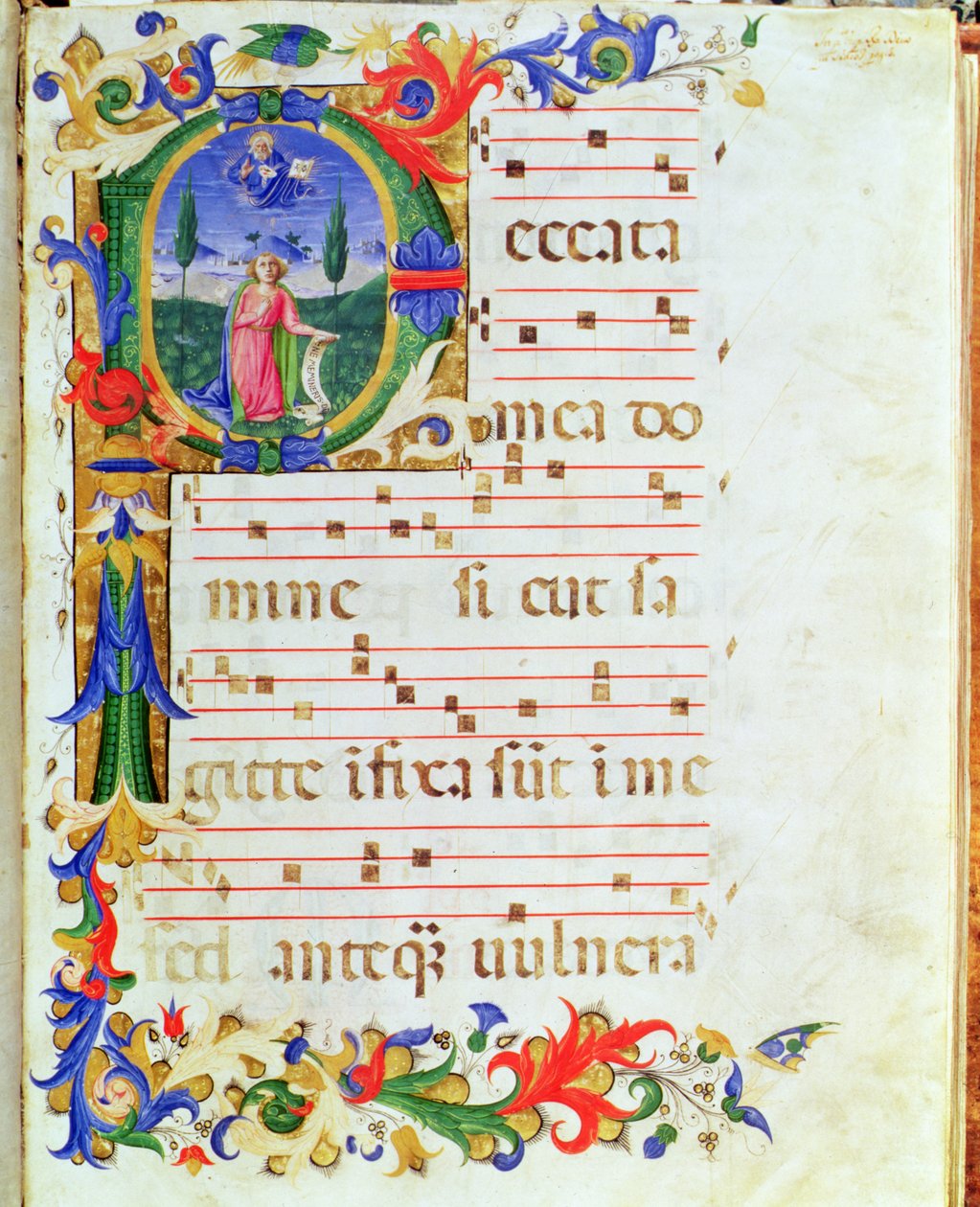 Ms 577 f.1 Historická iniciála „P“ zobrazující mužskou postavu v divočině, z „Messale di Sant