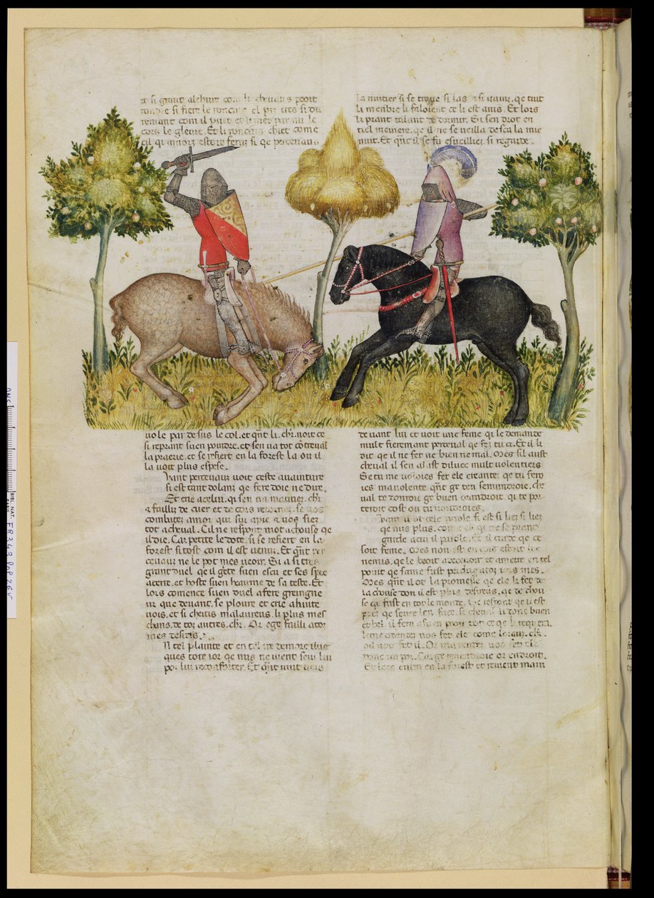 Paní Fr 343 fol.26v Kůň Sir Percivals je zabit, z Queste del Saint Graal, kolem 1380-85 od Italian School