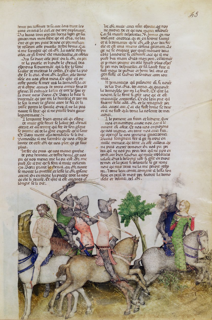 Paní Fr 343 fol.43 Rytíř kulatého stolu, Sir Bors, je nucen si vybrat mezi záchranou svého bratra Lionela nebo záchranou dívky z Queste del Saint Graal, kolem 1380-85 od Italian School