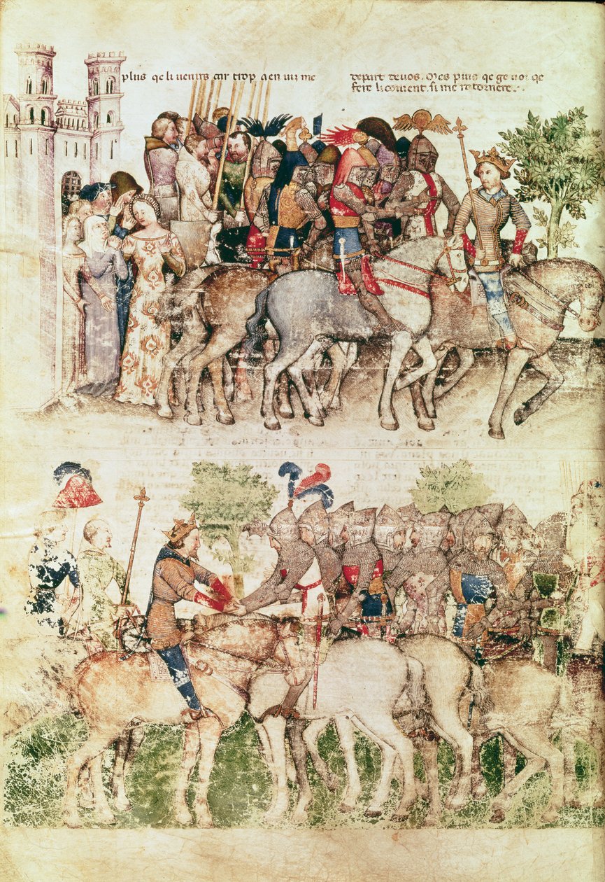 Paní Fr 343 fol.8v Arthur a jeho rytíři se vydávají na cestu za Svatým grálem, z Queste del Saint Graal, kolem 1380-85 od Italian School