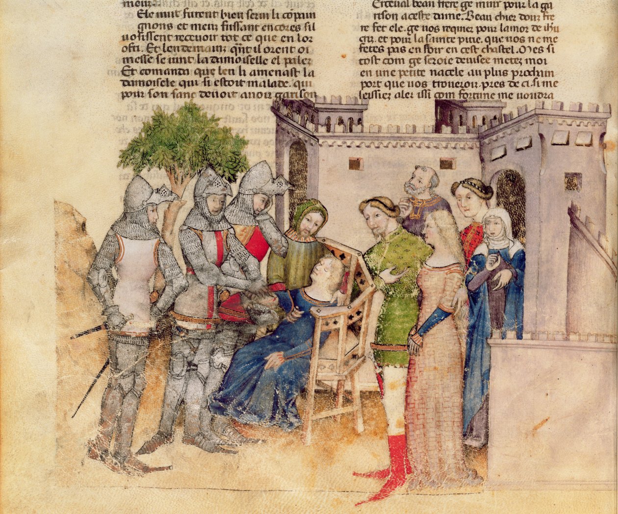 Paní Fr 343 fol. 59v The Death of Percivals Sister, z Queste del Saint Graal, kolem 1380-85 od Italian School