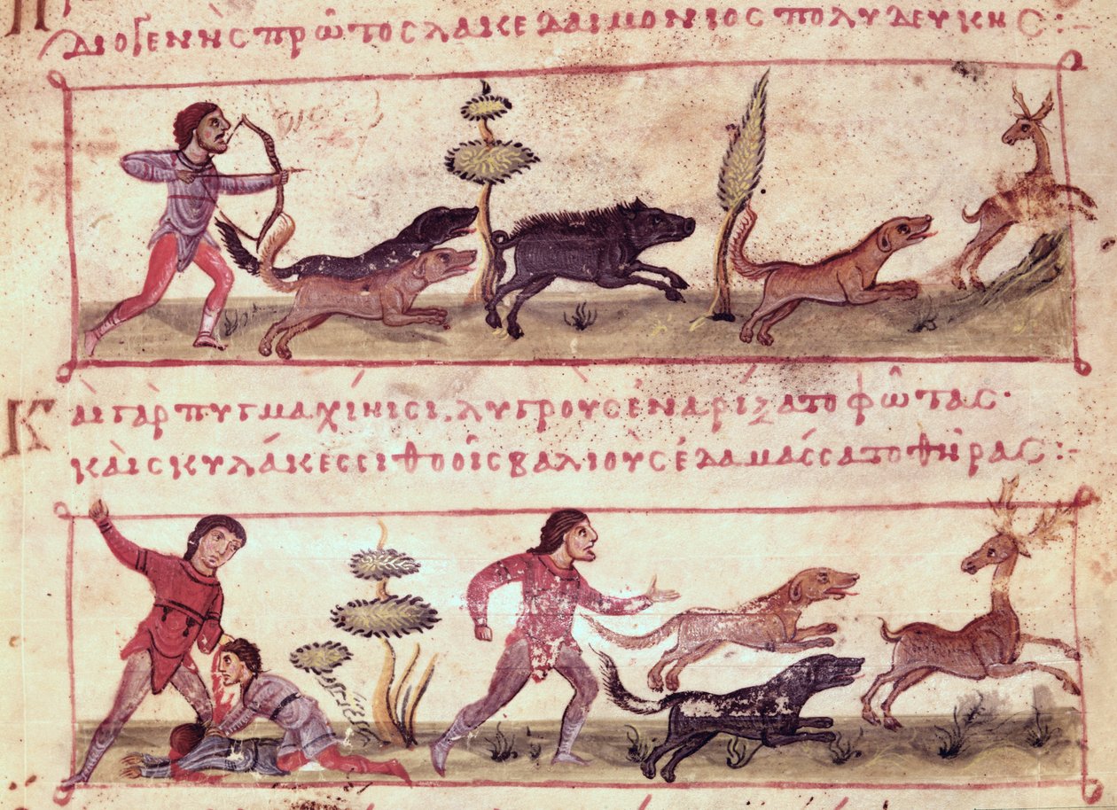 Paní Grec 479 Lov jelenů, ilustrace z Cynegetica od Oppiana (tempera na pergamenu) od Italian School