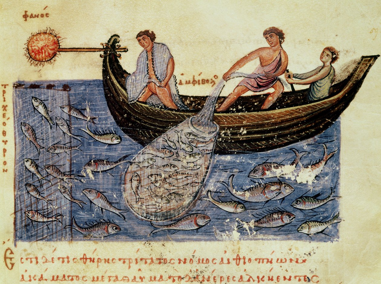Paní Grec 479 Fishing with a Net, ilustrace z Halieutica od Oppiana (tempera na pergamenu) od Italian School