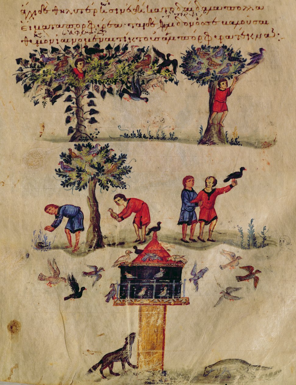 Ms Grec 479 Lov na ptáky, ilustrace pravděpodobně z Oppianovy Ixeutiky (tempera na pergamenu) od Italian School
