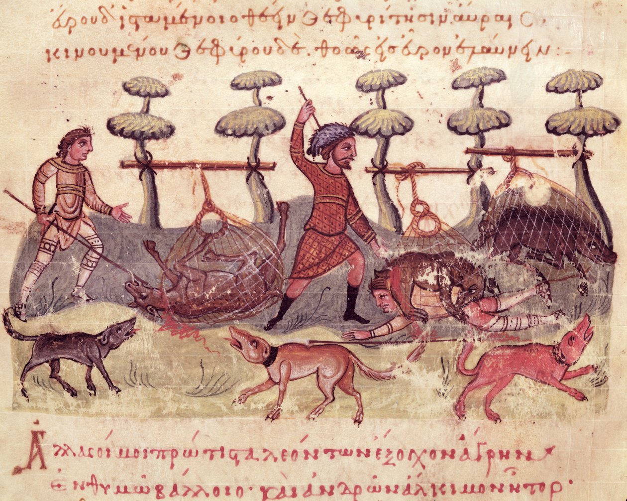 Paní Grec 479 Lov se sítěmi, ilustrace z Cynegetica od Oppiana (tempera na pergamenu) od Italian School