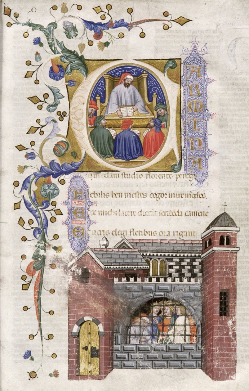 Paní Hunter 374 f.4r Boethius se studenty ve vězení, z De Consolation Philosophiae cum Commento, 1385 od Italian School