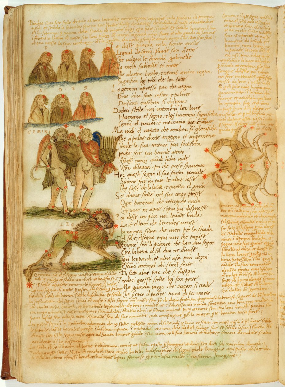 Paní Ital 483 P.4.7 f.156v Blíženci, Lev a Rak, z filmu „Dittamondo“ od Fazia degli Ubertiho (vellum) od Italian School