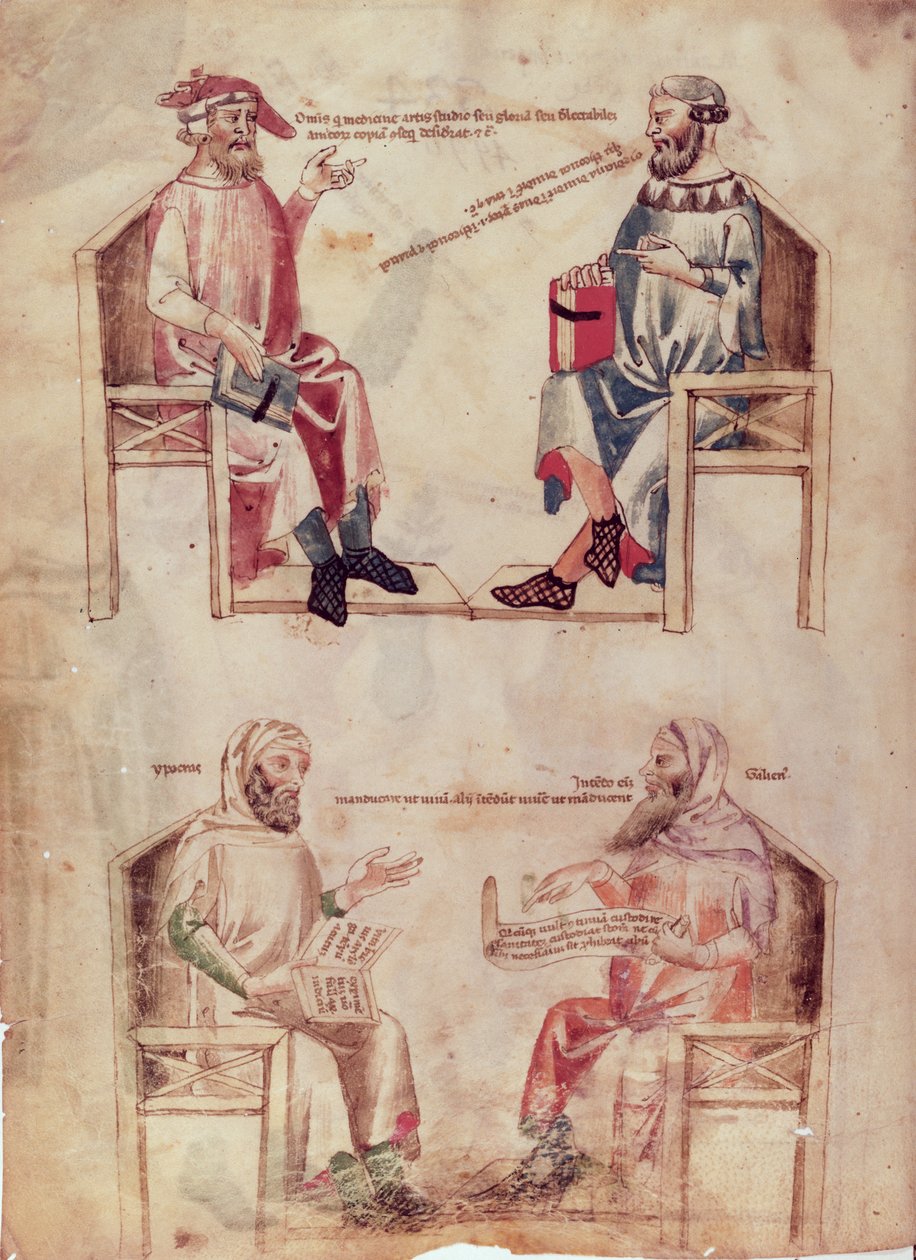 Paní Lat 6823 fol.1v Hippokrates (asi 460-asi 377 př. n. l.) a Hunayn ibn Ishaq (808-73) a Hippokrates a Claudius Galenus (asi 131-c.201) z De Herbis od Manfreduse de Monte Imperiali, c. 0,330-40 od Italian School