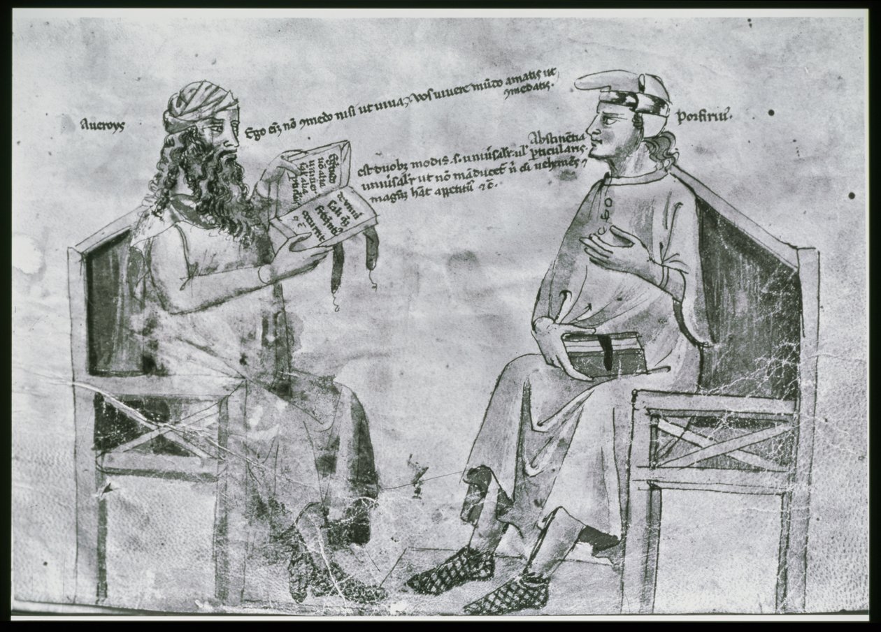 Ms Lat 6823 fol.2 Averroes (1126-98) v rozhovoru s Porfyriem (asi 232-c.305) (perem a tuší a lakem na papíře) od Italian School