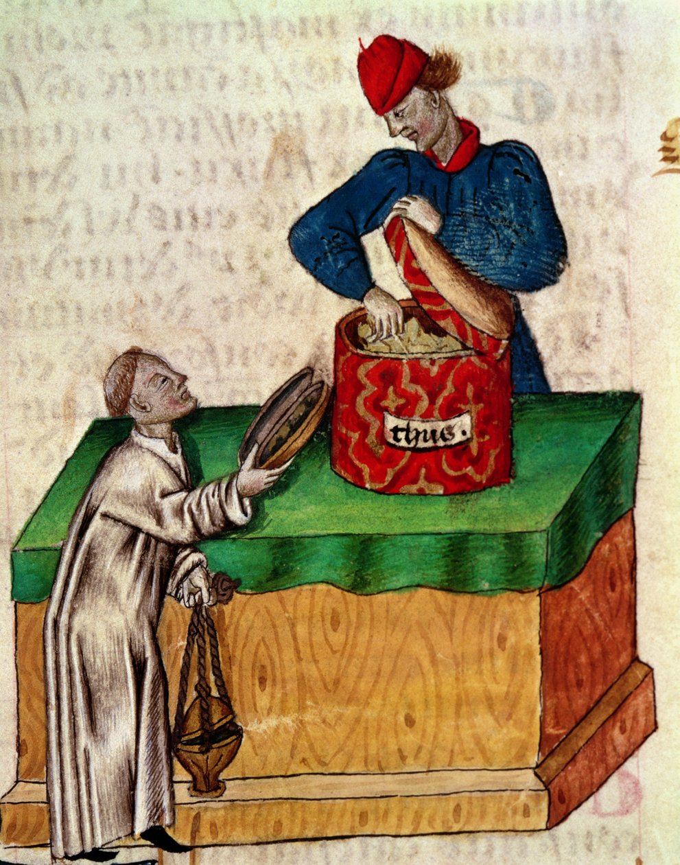 Paní Lat 993 fol.104r Prodejce kadidla, od „Tractatus de Herbis“ od Dioscorides (vellum) od Italian School