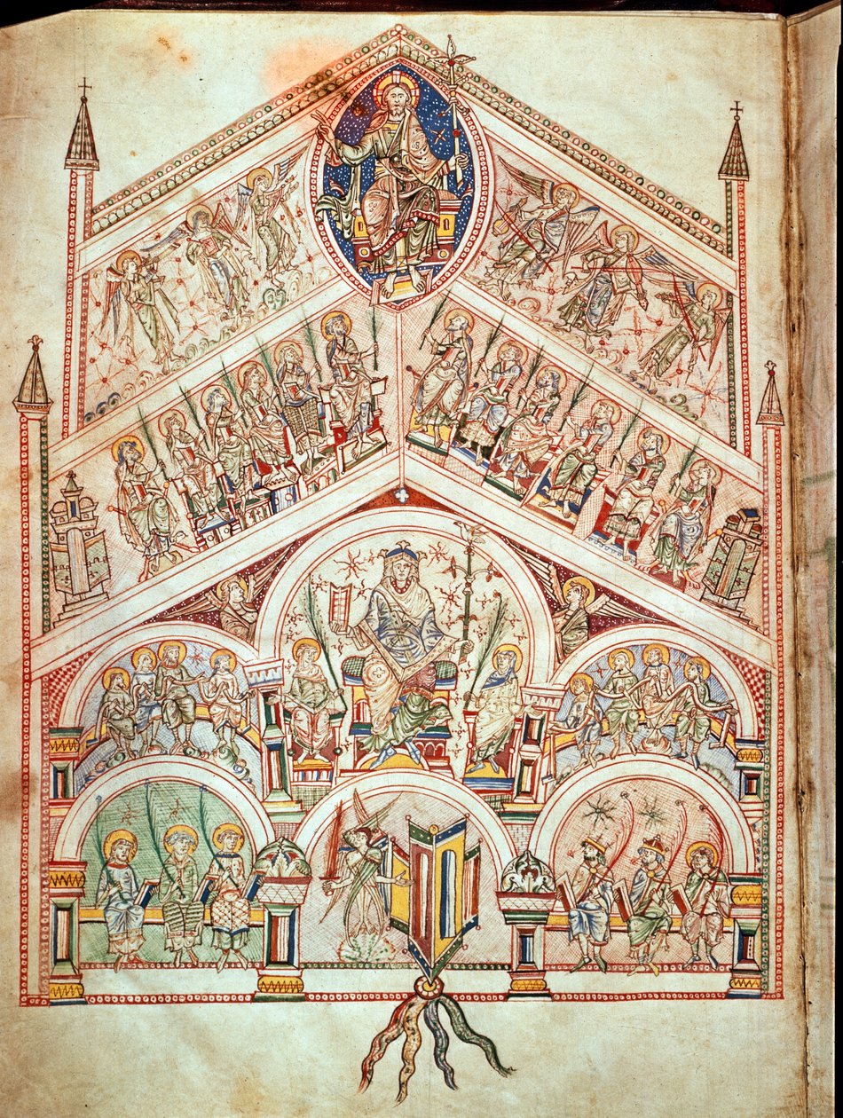 Paní Plut.12.17 f.2v Nebeské město s Kristem na trůnu, ilustrace k vydání původního textu napsaného sv. Augustinem z Hippa (354-430) v letech 413-426, z De Civitate Dei, (11.-12. od Italian School