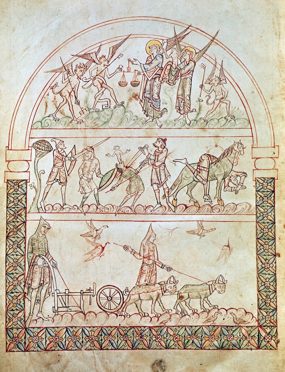 paní Plutová. 12.17, c. 1b, Pozemské město s útrapami a neštěstím lidstva a soudem duše, z Božího města od svatého Augustina, 11.-12. od Italian School