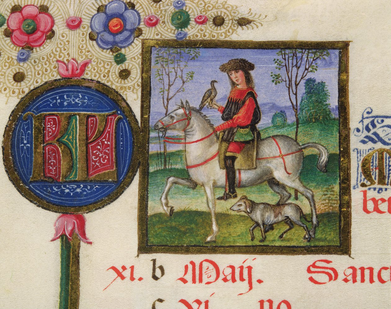 paní lat.424 fol.3r Měsíc květen: Sokolnictví, z breviáře Ercola d